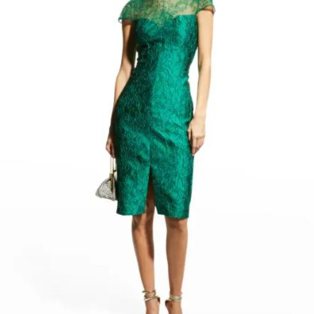 Tadashi Shoji Emerald Green Floral Jacquard Cap-Sleeve Illusion Dress, Sz 6
